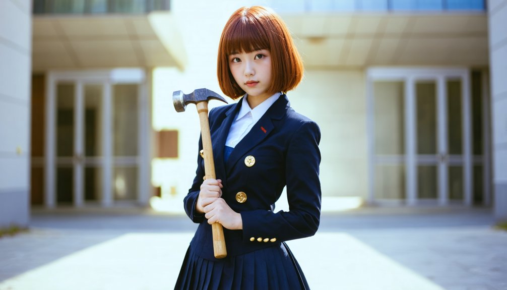 red wig and school uniform